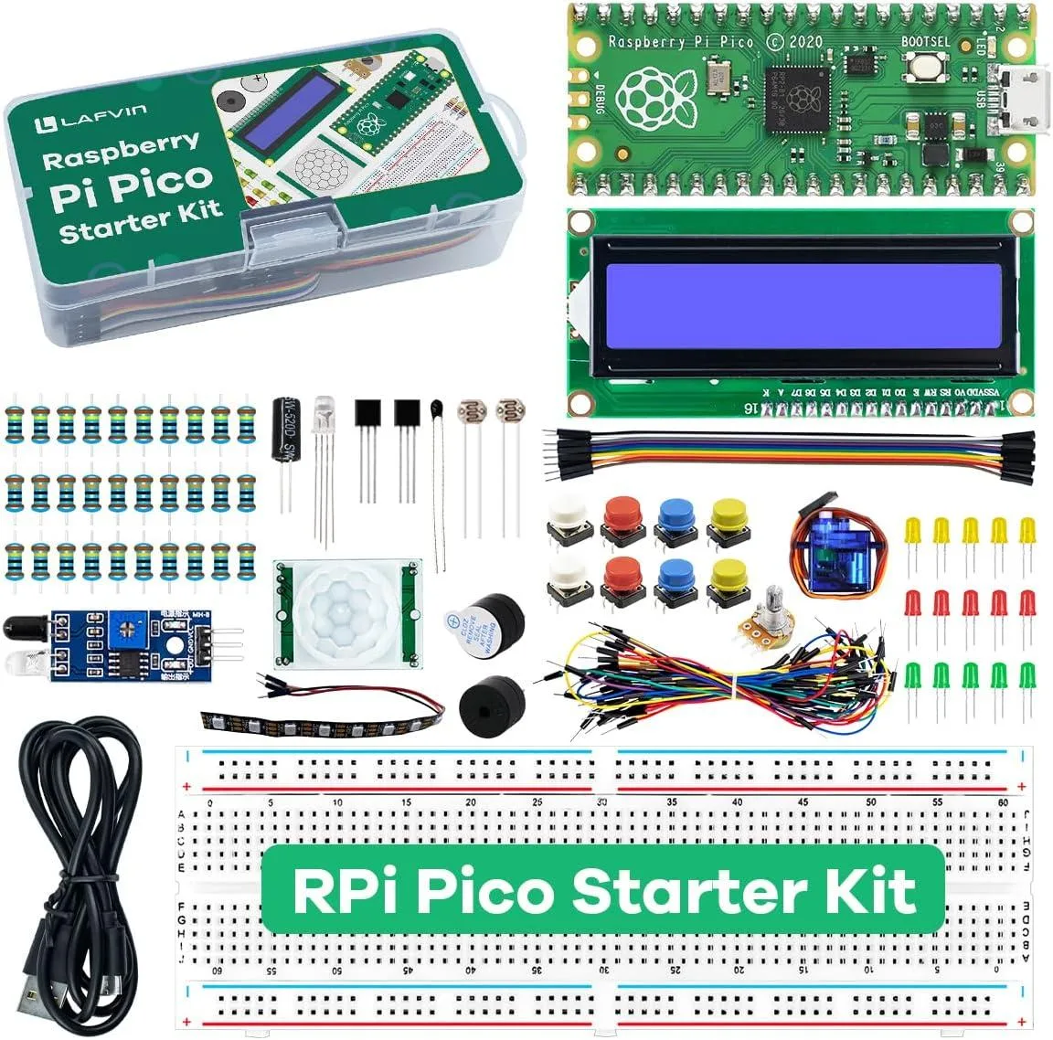 MCDODO starter kit box with Raspberry Pi Pico board LCD1602 display and SG90 servo