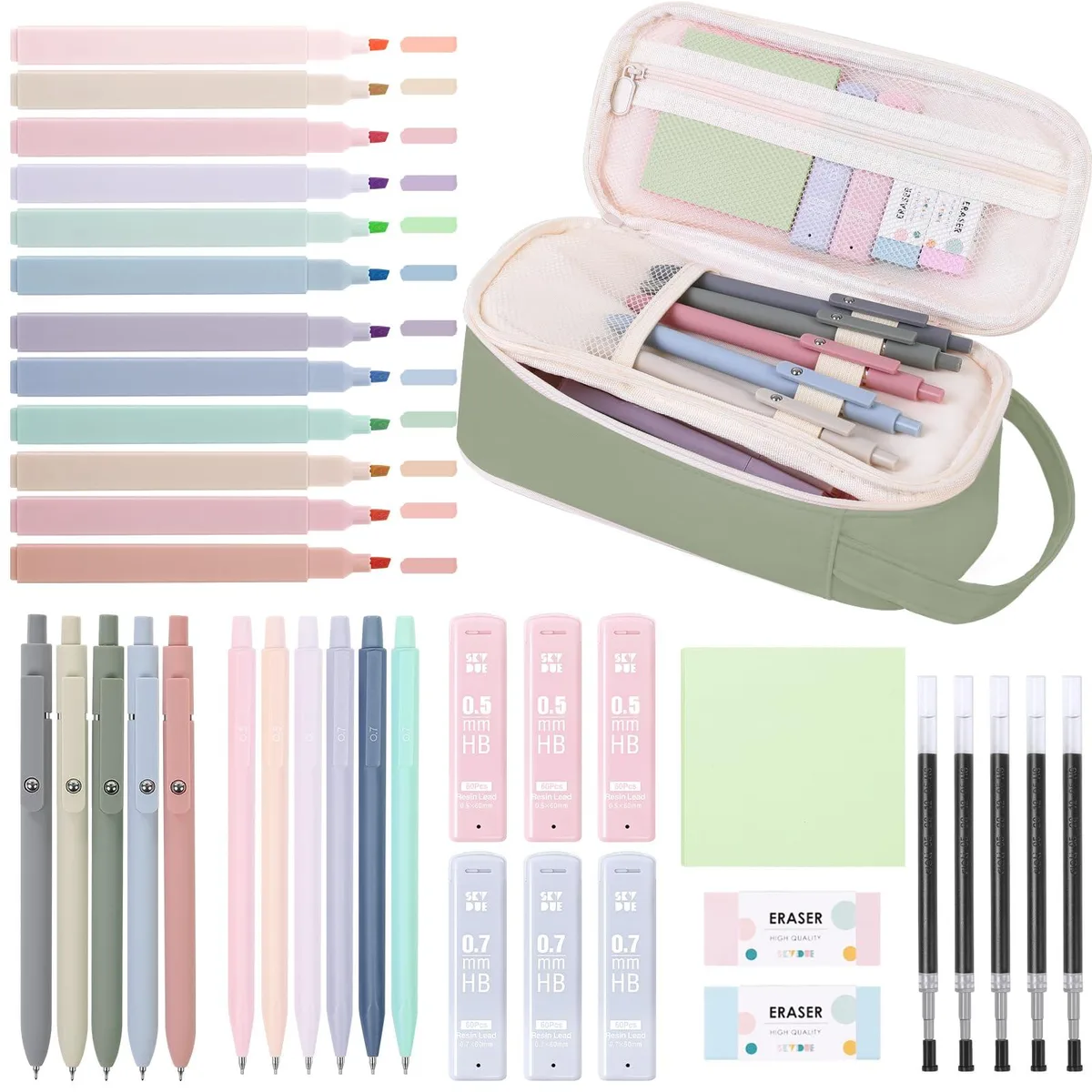 SKYDUE 38-Piece Stationery Set with Pencil Case, Green — product photo