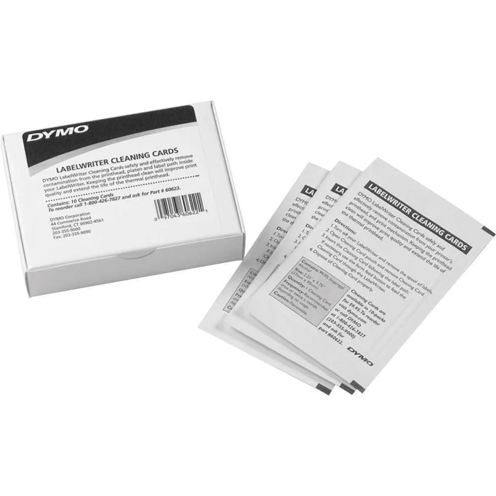 Box of 10 white rectangular cleaning cards for Dymo LabelWriter printers