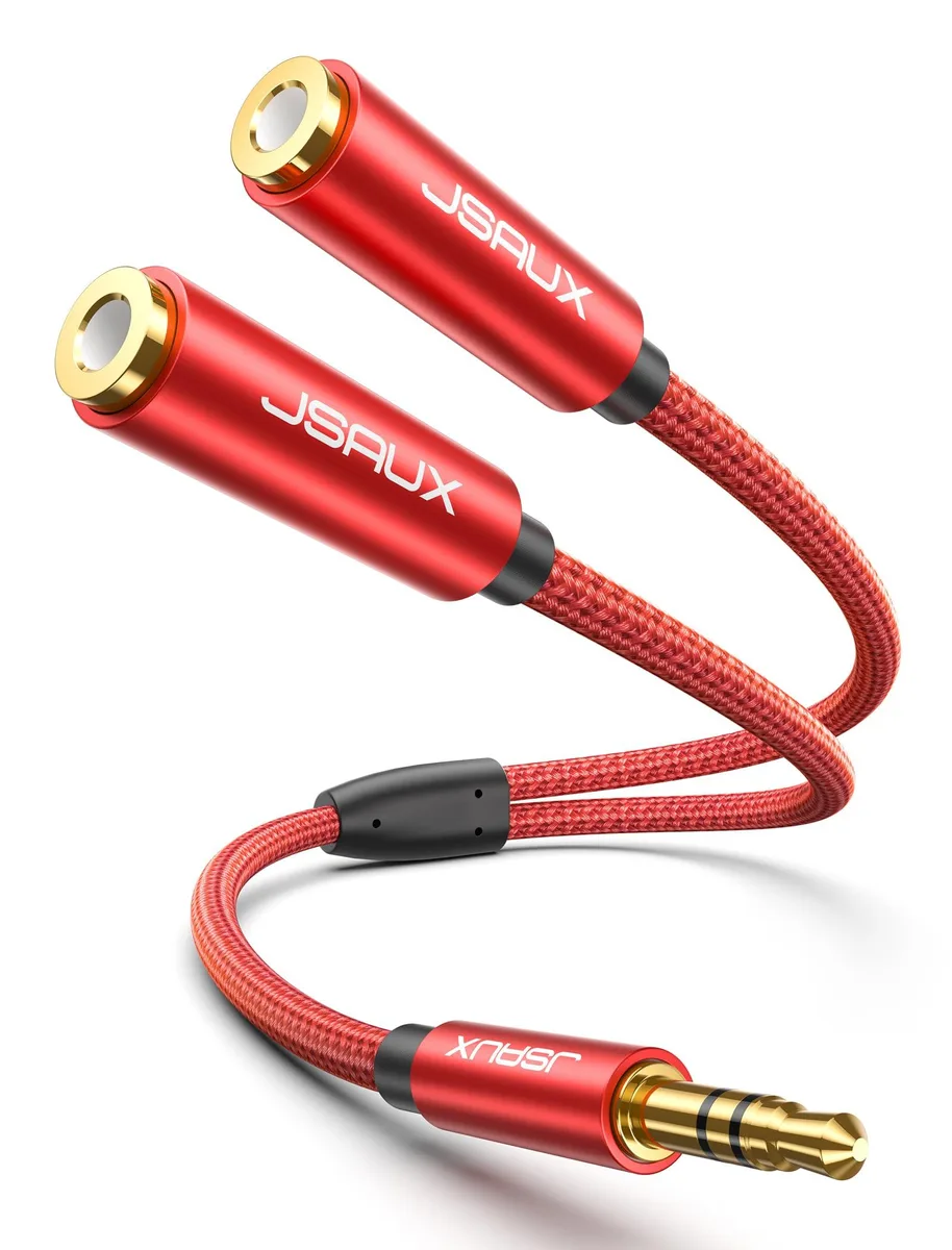  JSAUX JSUSKJ3AU23AU2FRDZ6F 3.5mm TRS to Dual 3.5mm Splitter Red 0.9ft — product photo