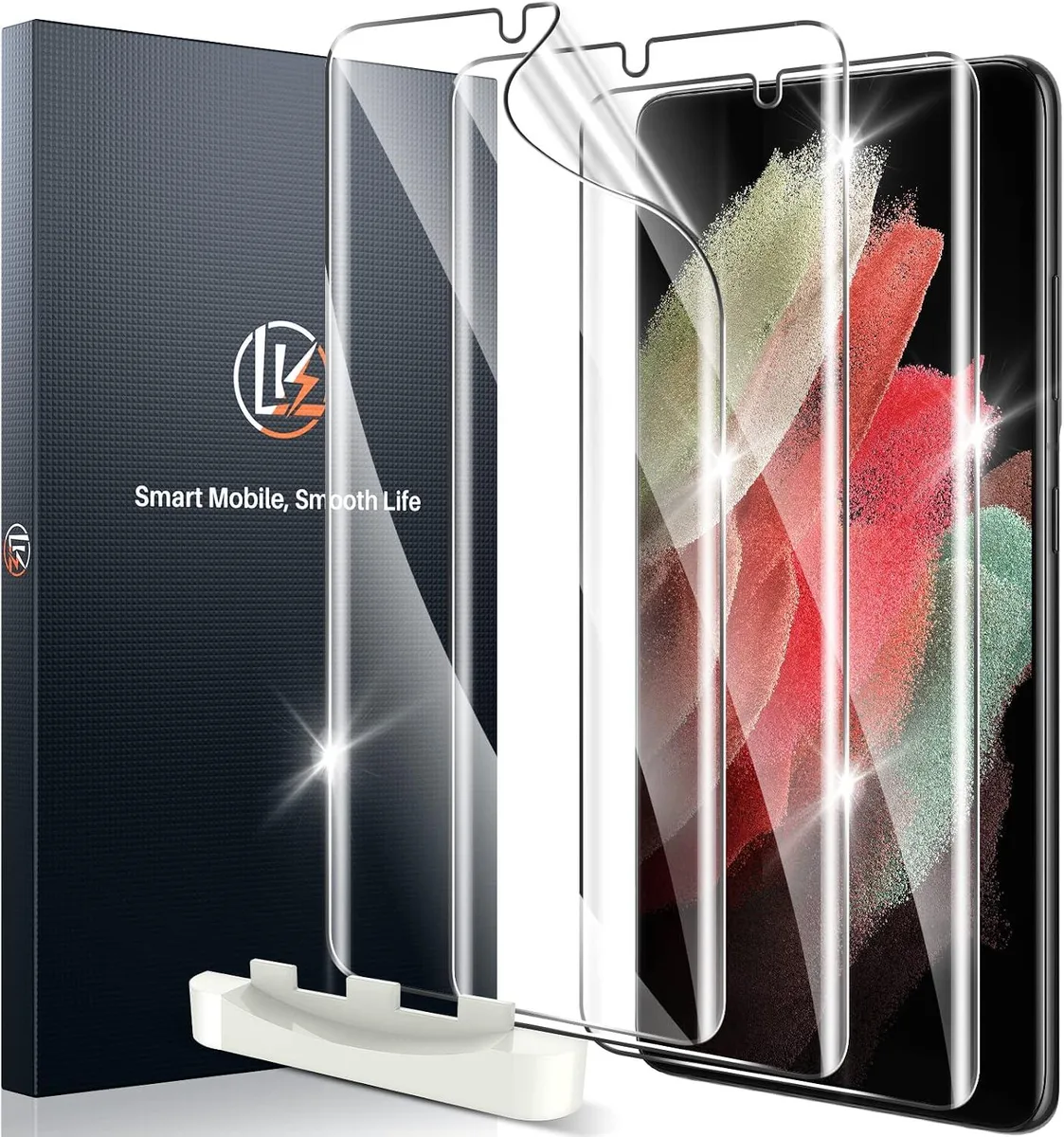 Three clear flexible TPU screen protectors for Galaxy S21 Ultra with installation tool