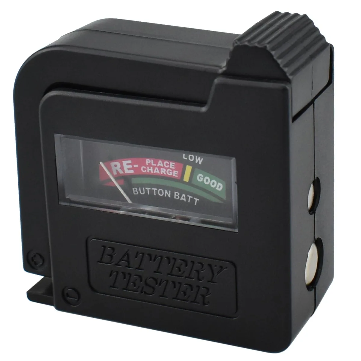 Compact UBANU BT-860 battery tester with hinged arm and analog color-coded display for 1.5V and 9V cells