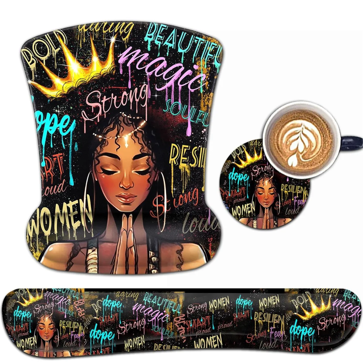 ARENTI ARENTI Keyboard &amp; Mouse Wrist Rest Set — African American Black Women Graffiti Girl Gaming Mouse Mat — product photo