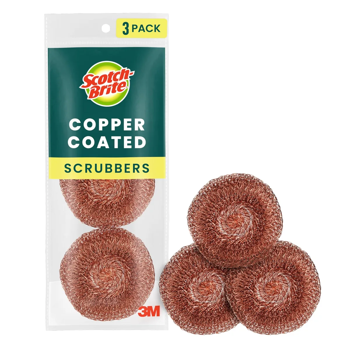 Three copper-coated scrubbing pads in rectangular pack