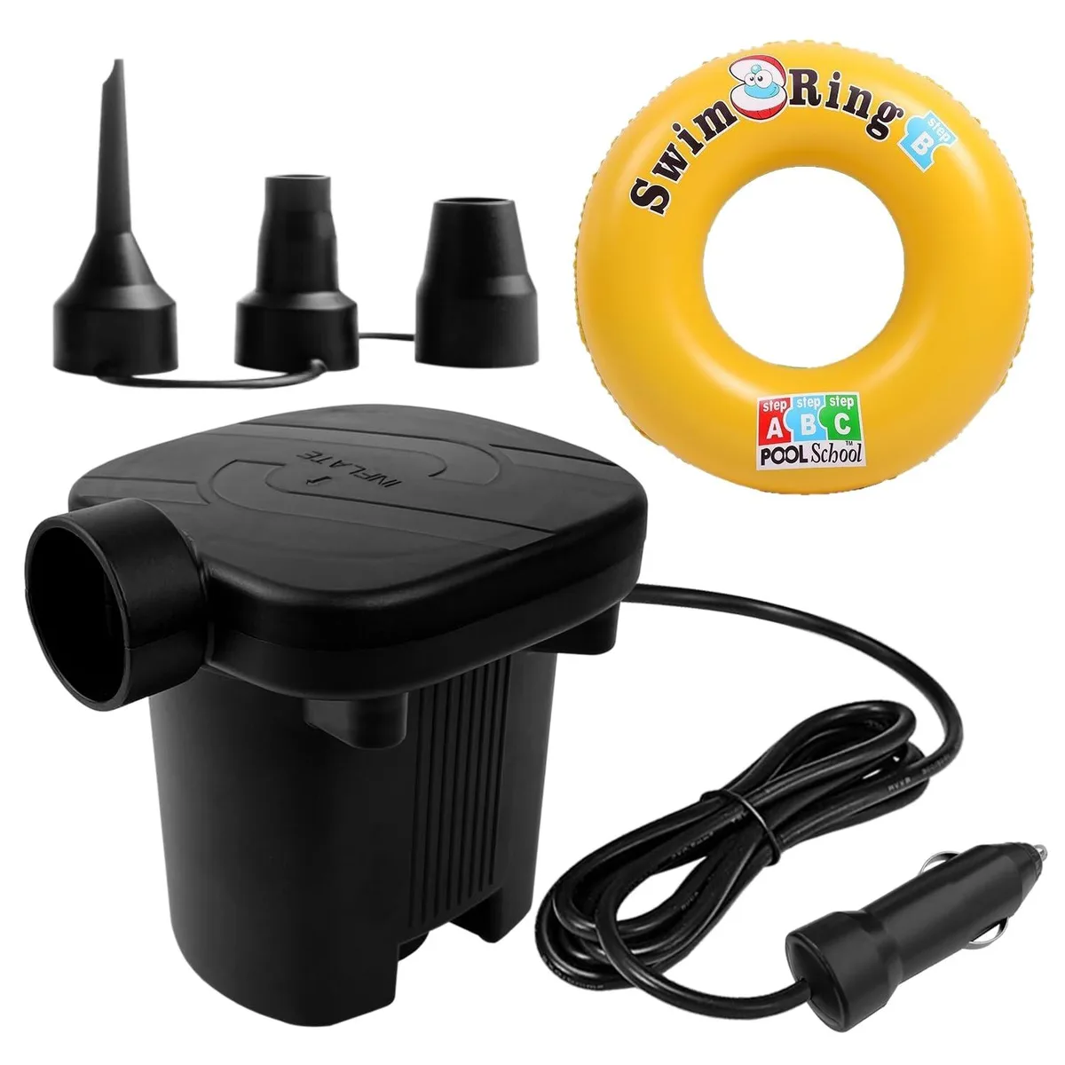 Compact black electric air pump with 12V car plug and three nozzles plus swimming ring