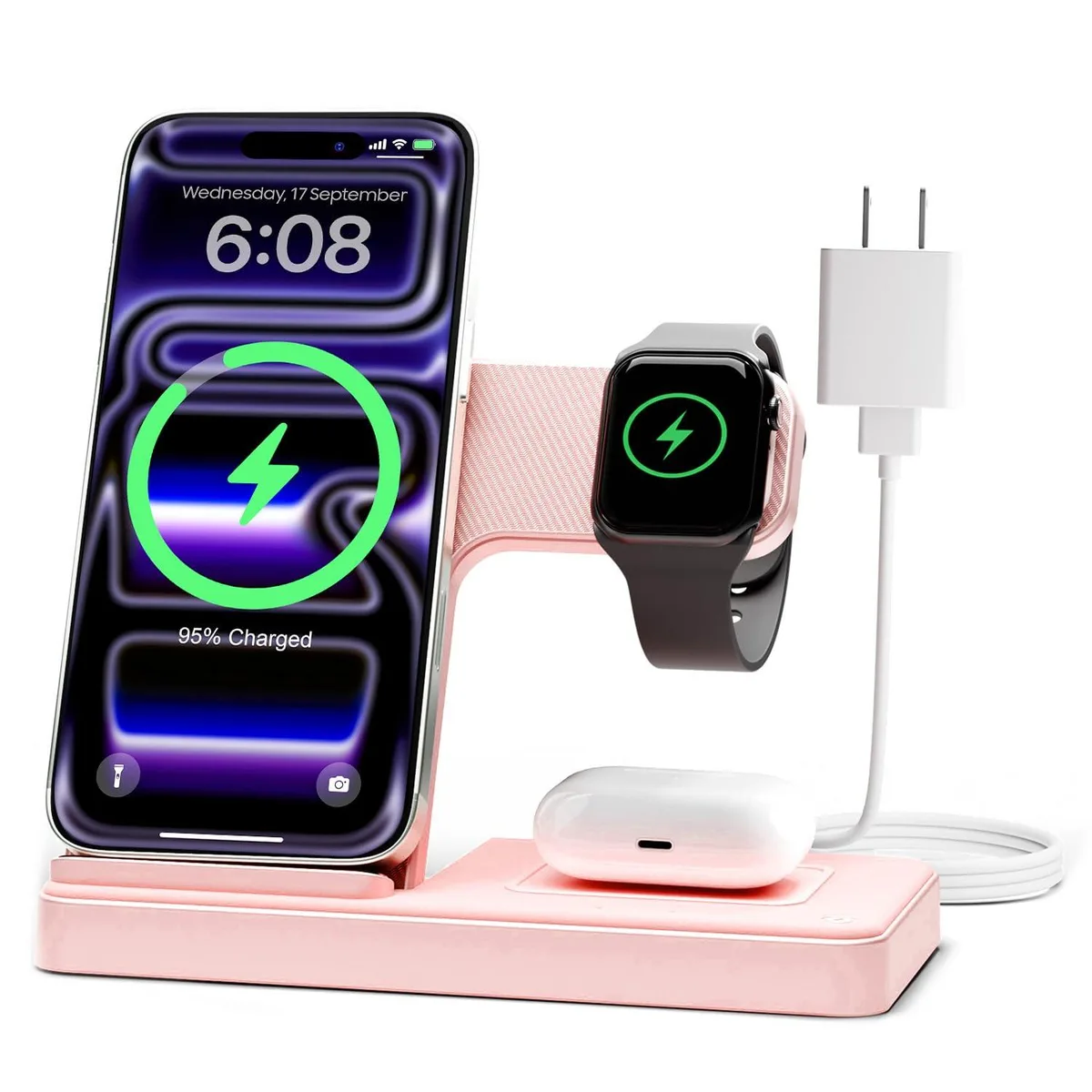 Pink foldable 3-in-1 wireless charging stand for phone watch and earbuds