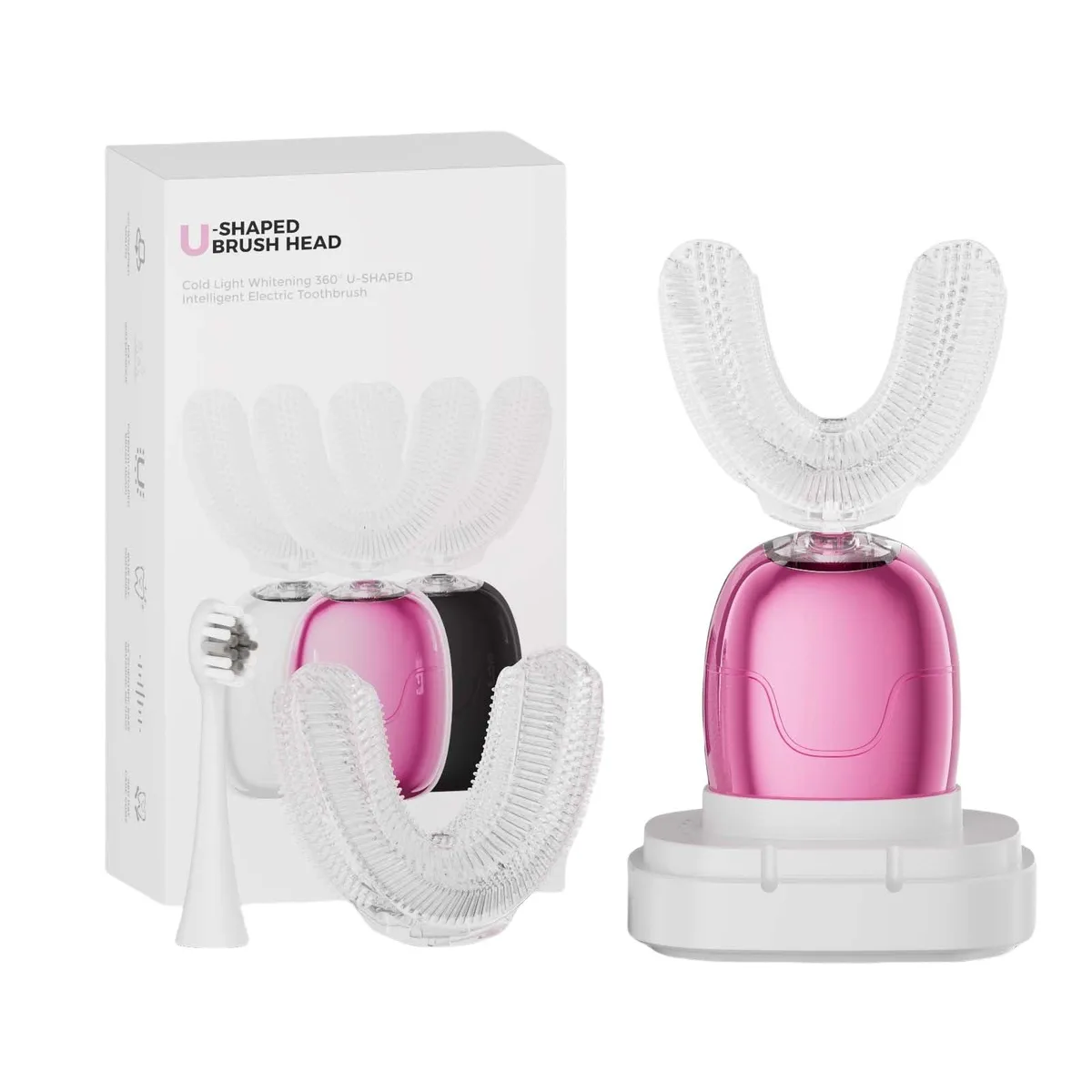 Pink U-shaped electric toothbrush with silicone brush head