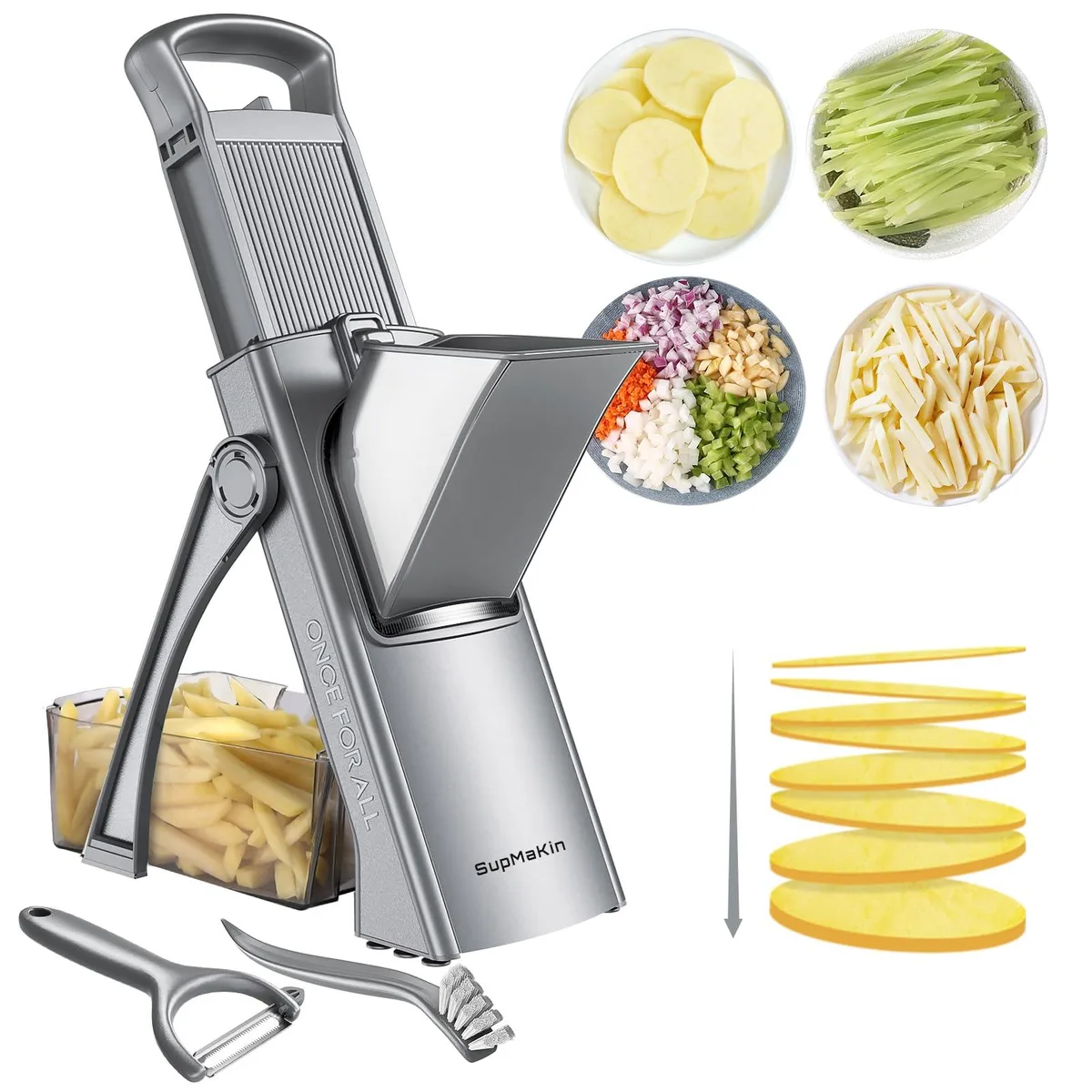 Blue tabletop mandoline slicer with stainless steel blades and grey base, 42.99×16×14 cm