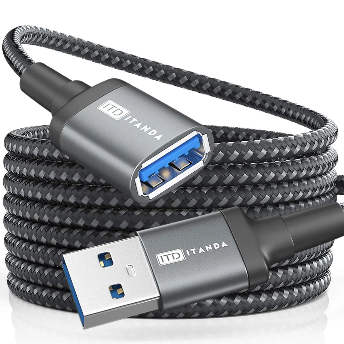 Grey 15 ft USB 3.0 Type A male-to-female extension cable, braided nylon jacket, nickel-plated connectors