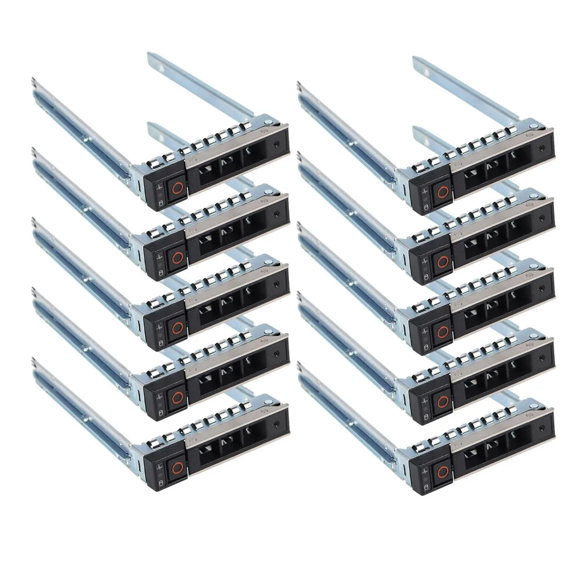 Ten metal 2.5-inch drive caddies with screws and labels