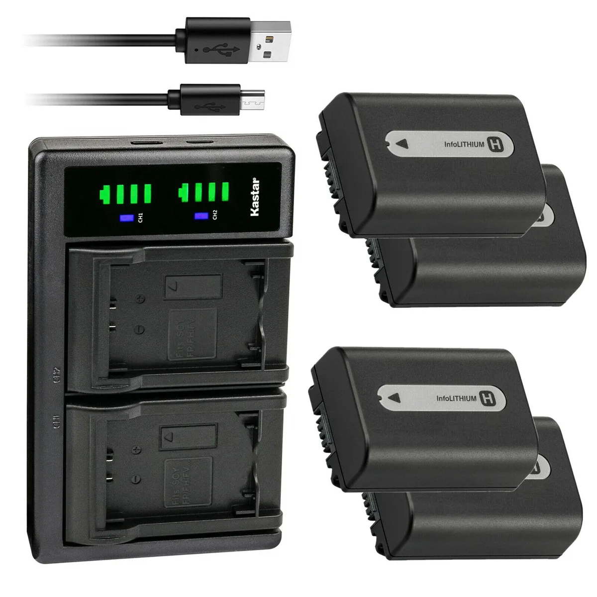 Kastar Kastar NP-FH50 4-Pack Battery &amp; LTD2 USB Charger for Sony HDR-CX6 CX7 HC3 HC28 HC38 HC48 HC5 HC62 HC7 HC9 — product photo