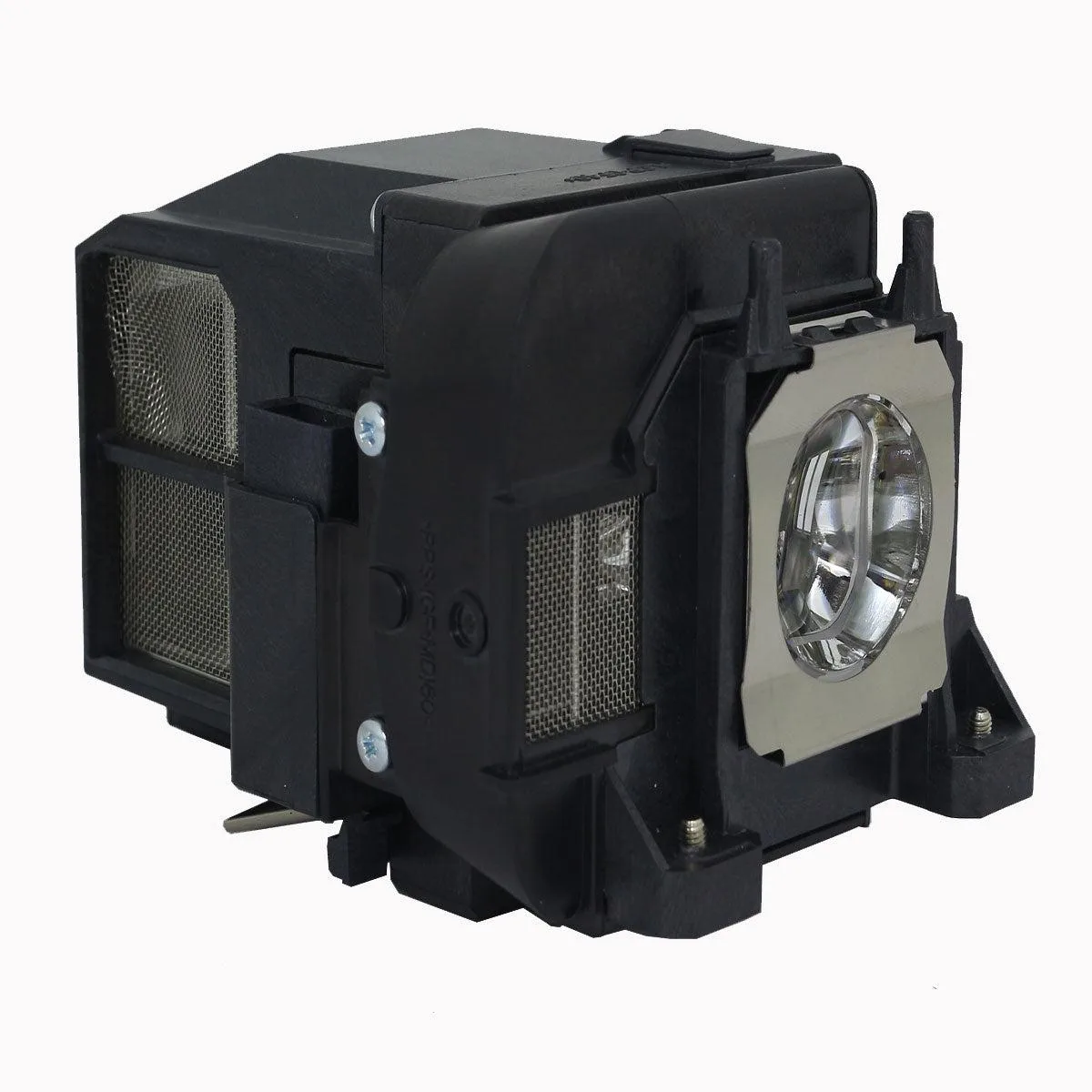 A rectangular projector lamp module in a black plastic housing with a clear glass bulb visible inside