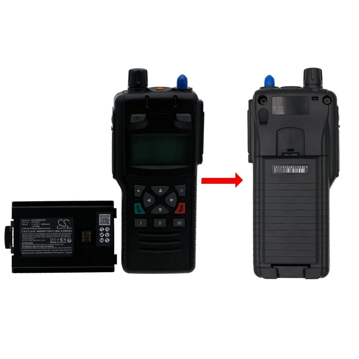 Rectangular black replacement battery with label showing compatible model numbers