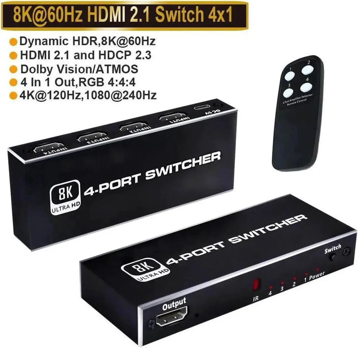 SMUGDESK SMUGDESK 4 in 1 Out HDMI 2.1 Switch 48Gbps 8K@60Hz 4K@120Hz Black All-Metal IR Remote — product photo