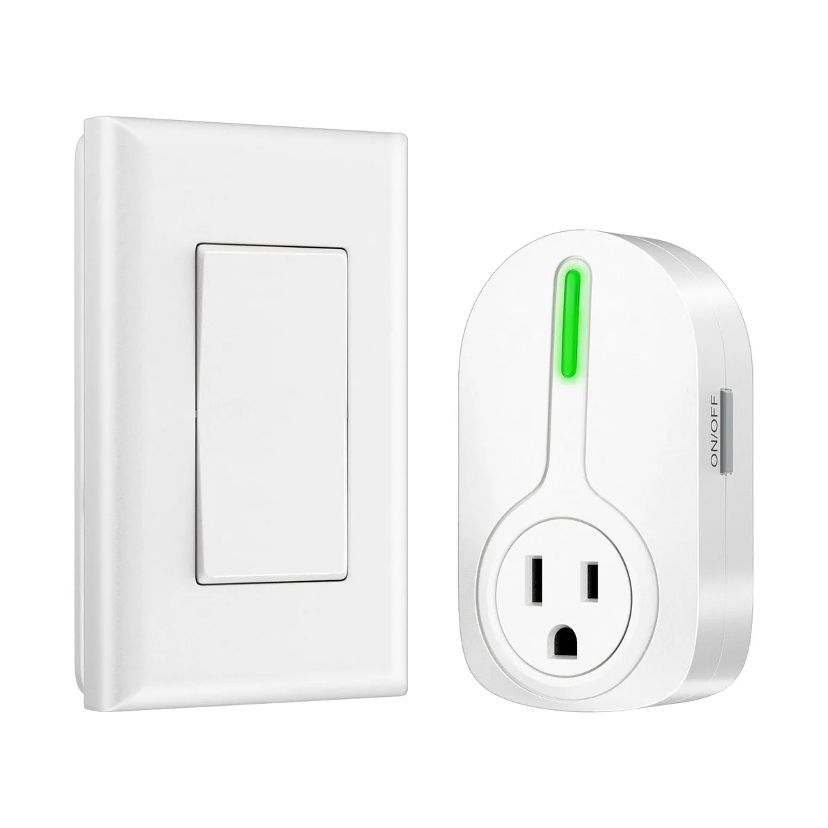 Green rectangular smart plug with compact white remote control, 2.4 by 3.96 by 1.3 inches
