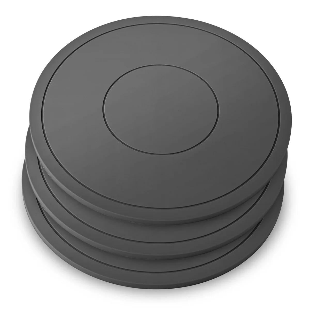 Three flexible gray silicone trivet mats stacked together