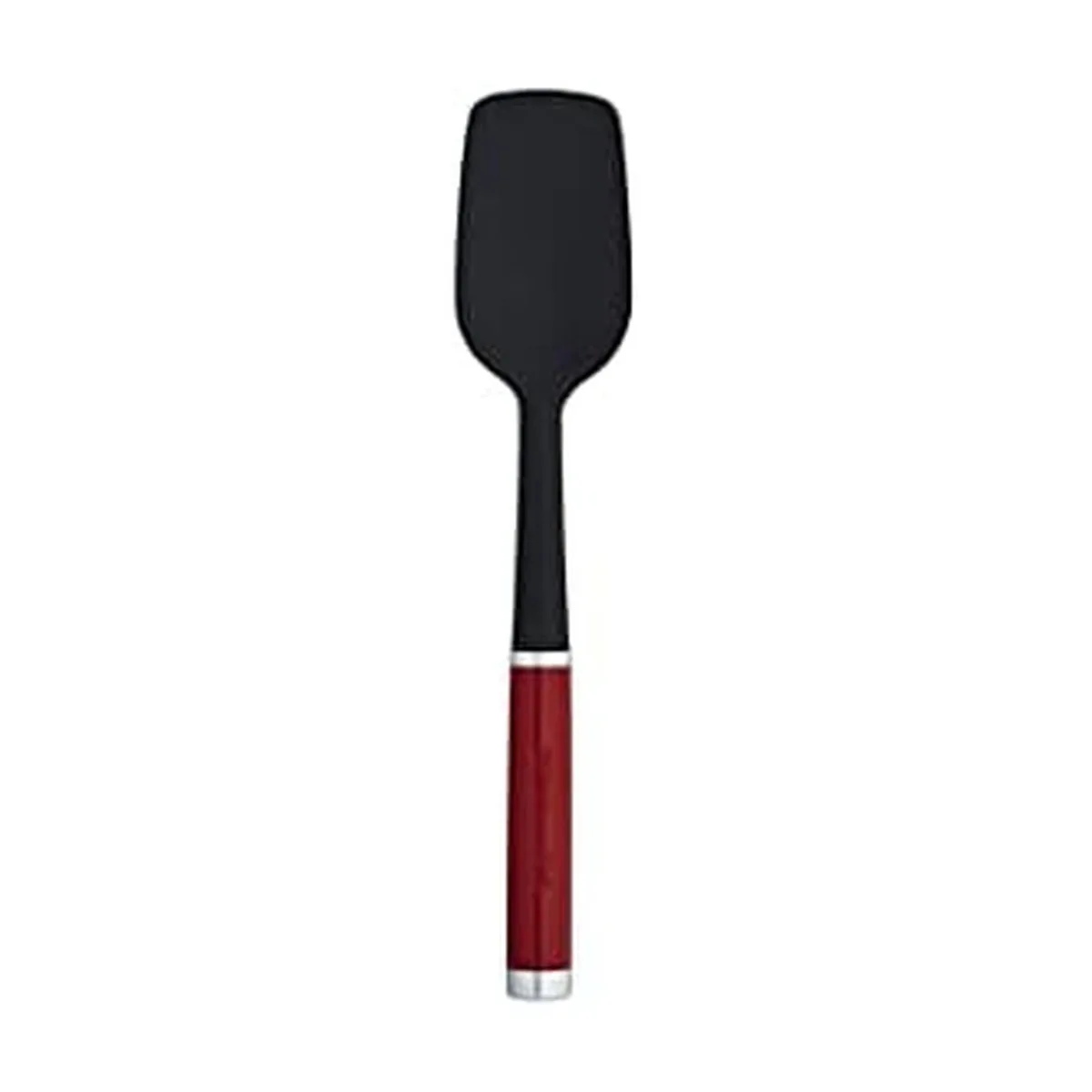 Red KitchenAid spoon spatula, flexible silicone head, glossy ABS handle with chrome bolster, 11.85 inches long