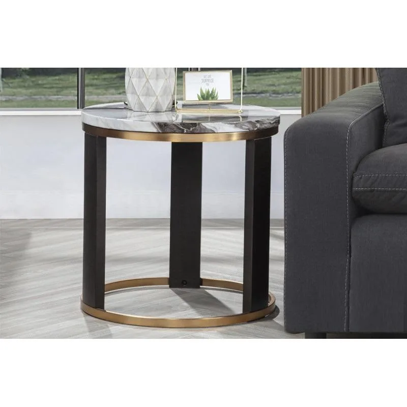 Round faux marble top table with gold metal frame and dark walnut legs