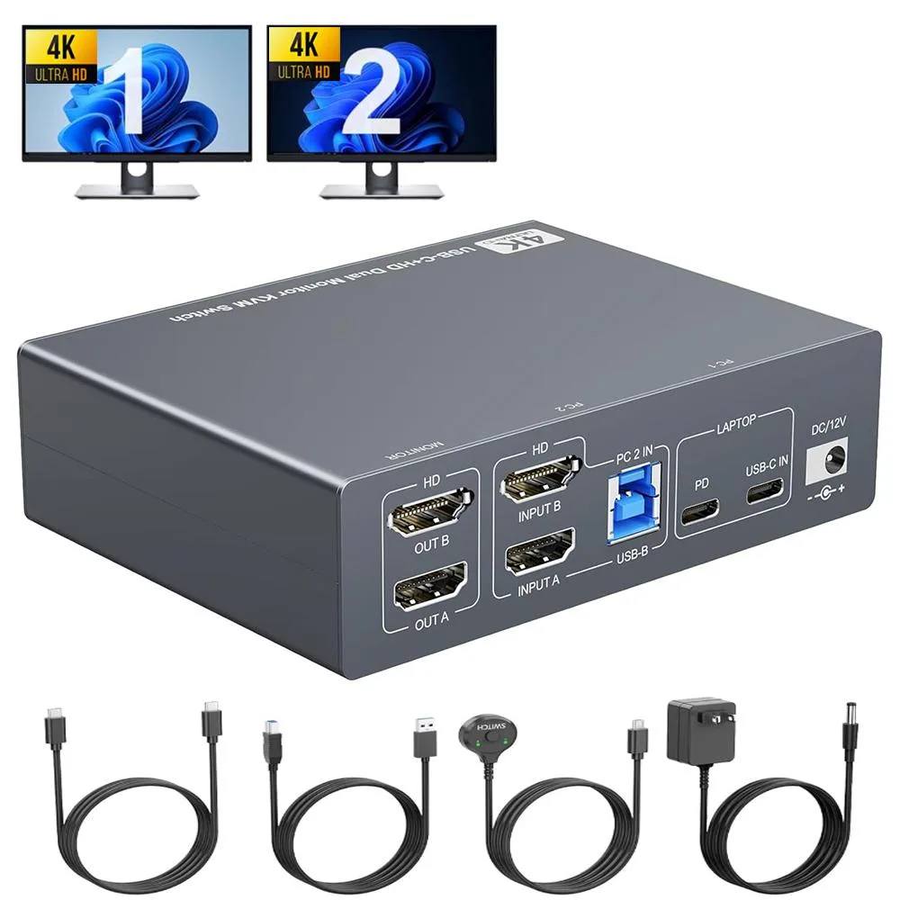 Hitoor Hitoor Z1KC202CH Dual Monitor KVM Switch 2 Computers 4K@60Hz 80W PD — product photo