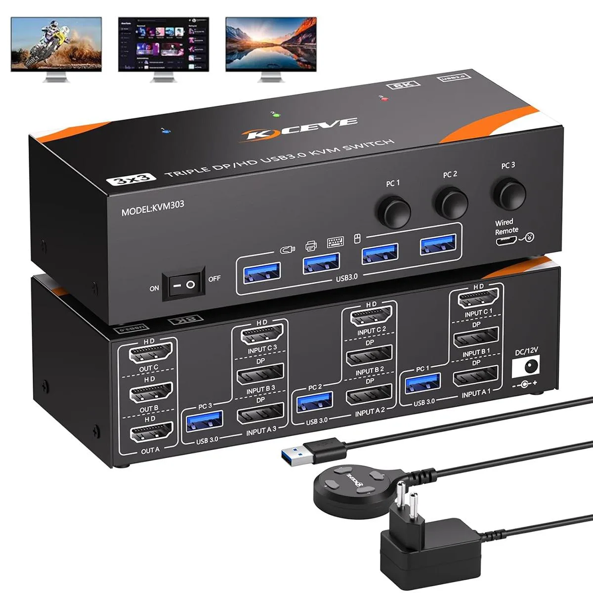 Hitoor Hitoor 8K@60Hz KVM Switch 3 PCs 3 Monitors HDMI + 2 DisplayPort — product photo