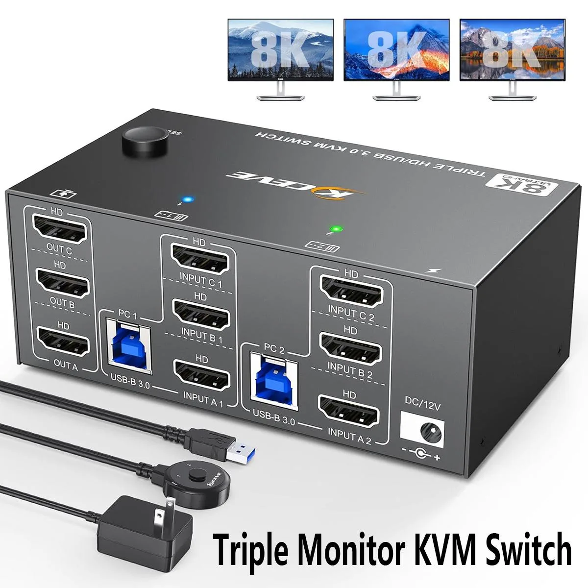 AUTYUE AUTYUE KC-8223 3 Monitor 2 Computer KVM Switch 8K 60Hz 4K 144Hz USB 3.0 Wired Remote — product photo