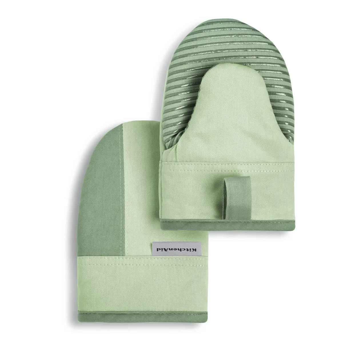 Two pistachio and graphite green cotton mini mitts with silicone grip and hanging loops