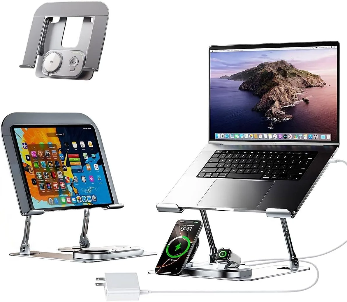 TIZOPO TIZOPO Adjustable Laptop Stand with Qi2 Wireless Charger 15W (Silvery) — product photo