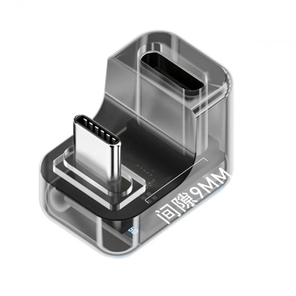 Transparent USB-C male-to-female adapter with angled U-shape and LED display