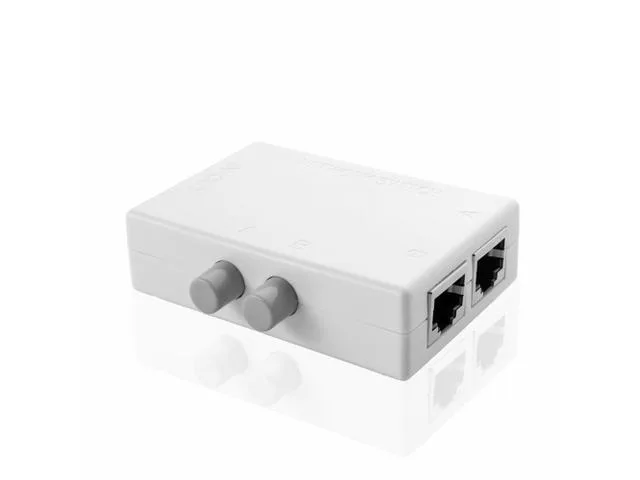 White plastic mini box with three RJ45 ports and a manual switch button