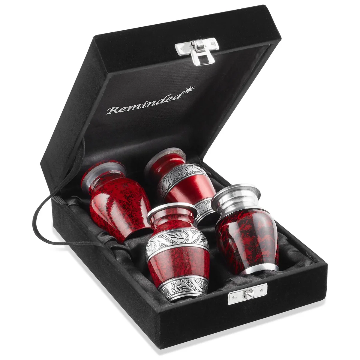 Reminded Reminded Keepsake Urns Set of 4 Red Silver Velvet Case — product photo