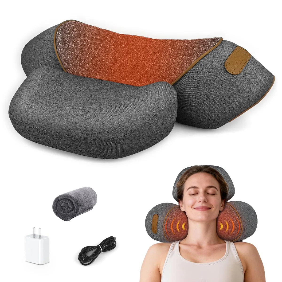 Foldable neck massager pillow, deep grey cotton, ergonomic curved shape