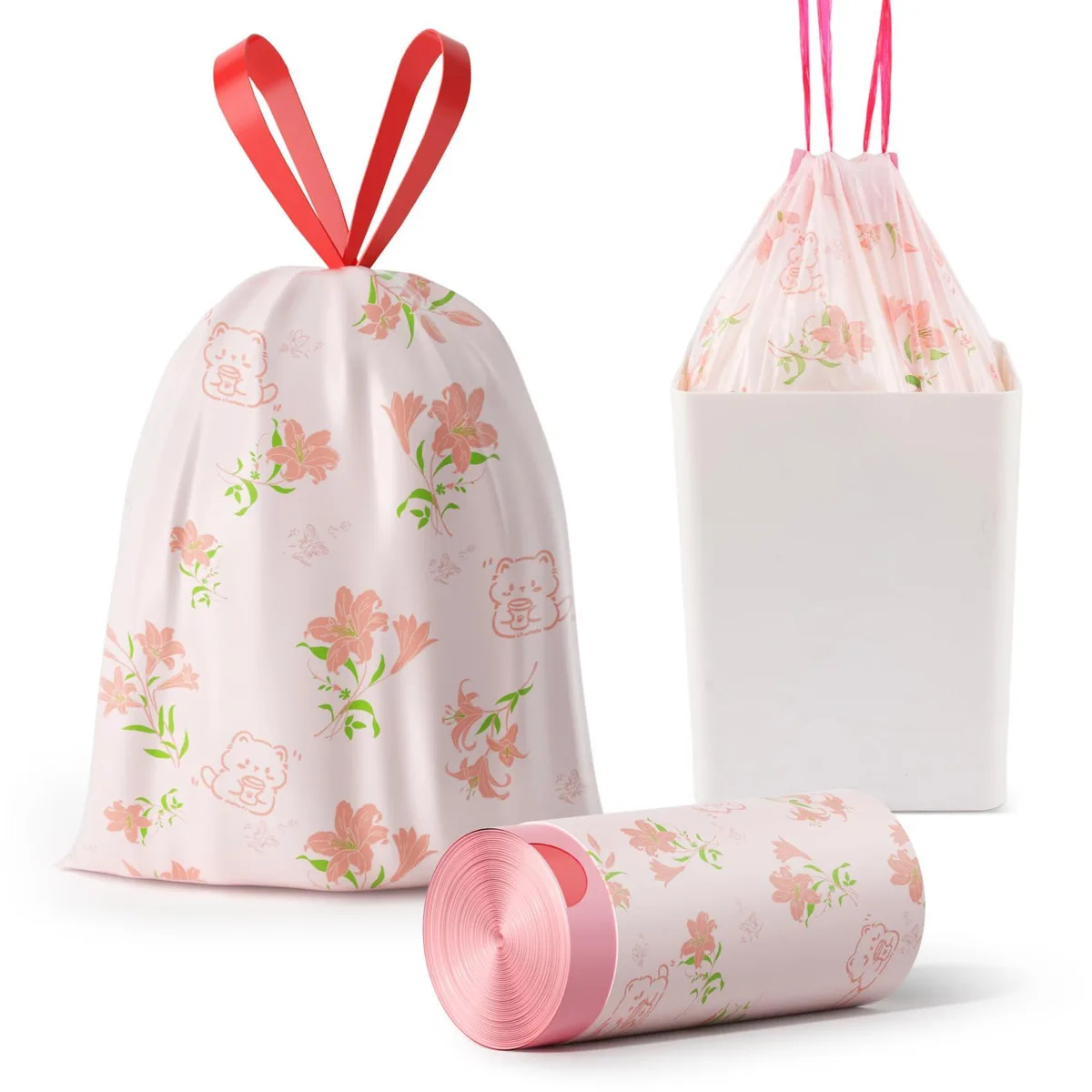 White 4-gallon drawstring trash bags with lily print, pack of 30