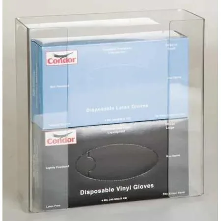 Clear PETG wall dispenser holding two horizontal glove boxes 11 inches wide