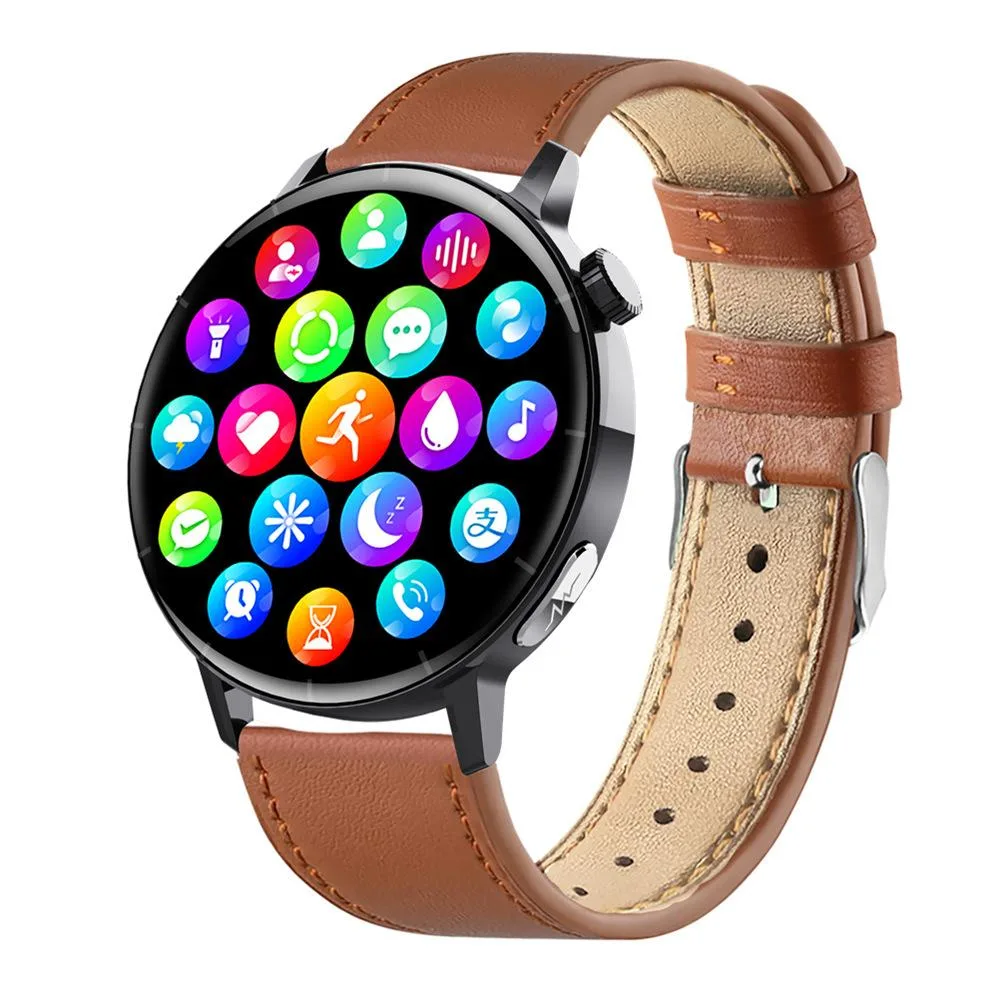 Black rectangular smartwatch with brown leather strap and silver aluminium case