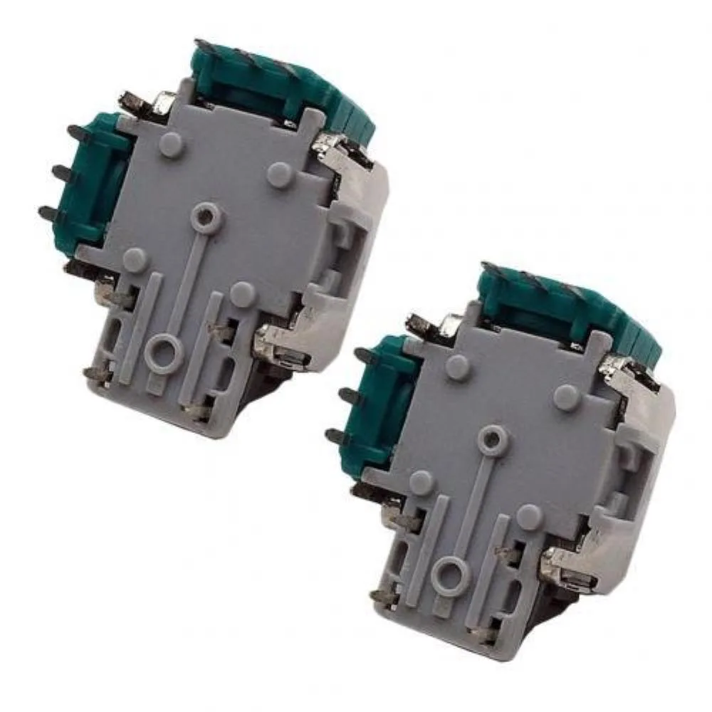 Two small metal and plastic joystick modules, each about .79 by .79 by .39 inches