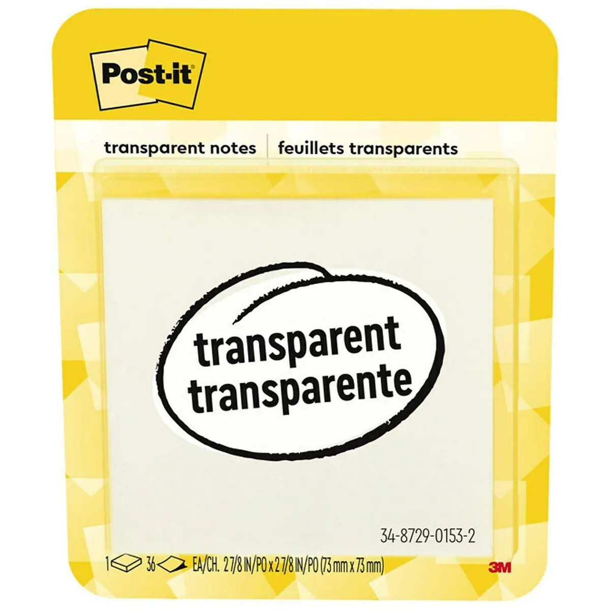 Square pad of clear sticky notes, 2.8 inch sheets, 36 per pad