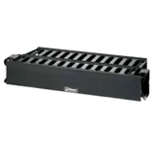 Black 2U horizontal cable manager, 19 inch panel width, lightweight plastic with dual hinged cover