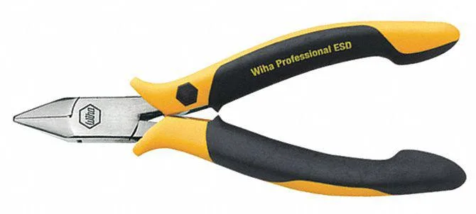 Wiha precision diagonal cutting plier, mirror-polished tool steel, ESD-safe two-component grips with slip guards