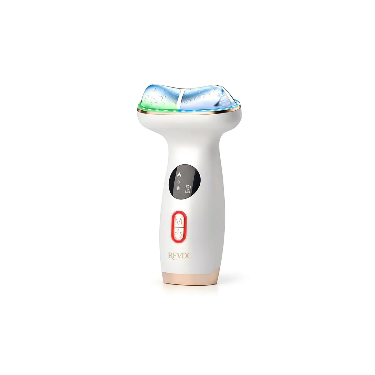 Blue electric face massager with curved metal head and ergonomic handle