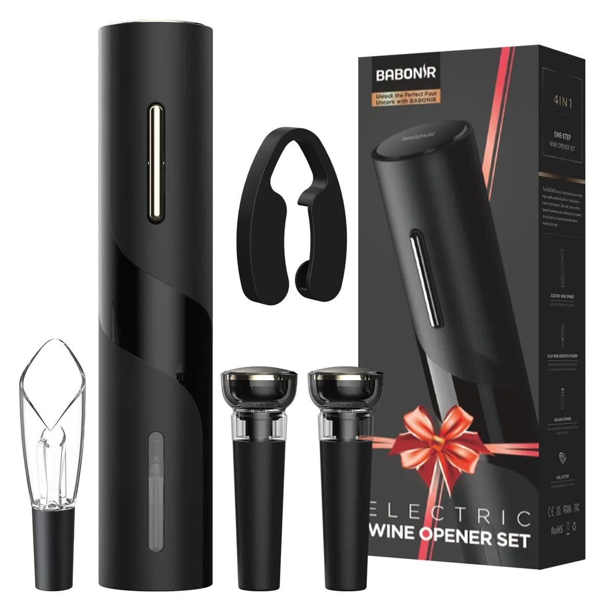 Stainless steel electric wine opener set with foil cutter, aerator and vacuum stoppers
