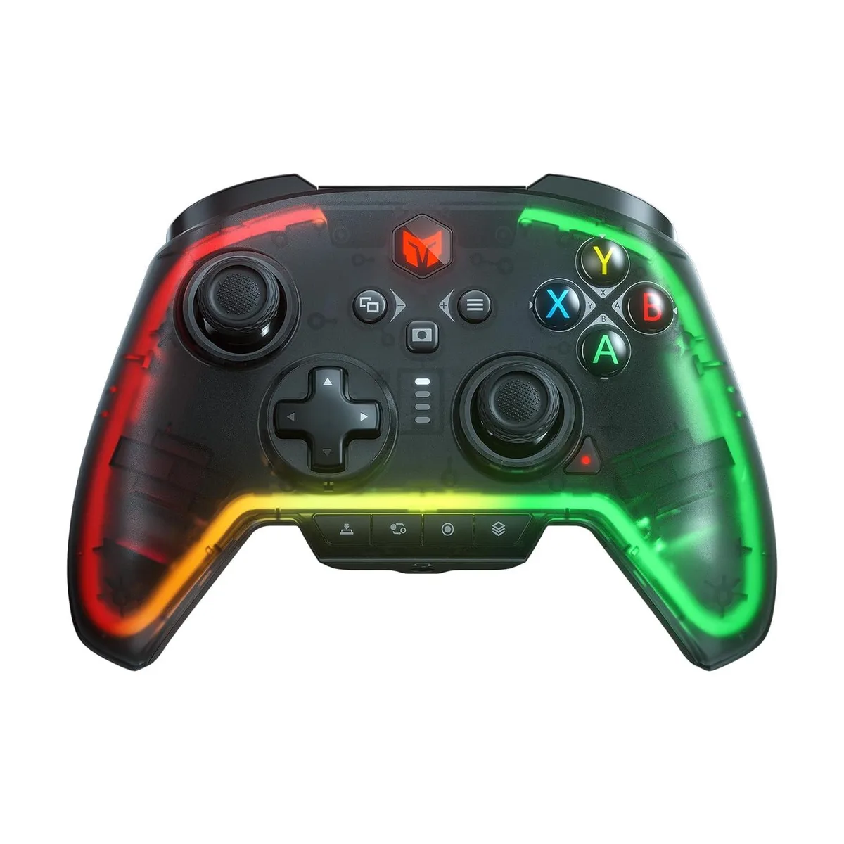 Black wireless gamepad with textured grips, RGB lighting, rear paddles and top buttons
