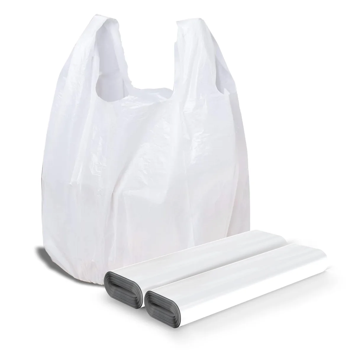 White plastic bags with handles stacked in a pack of 100