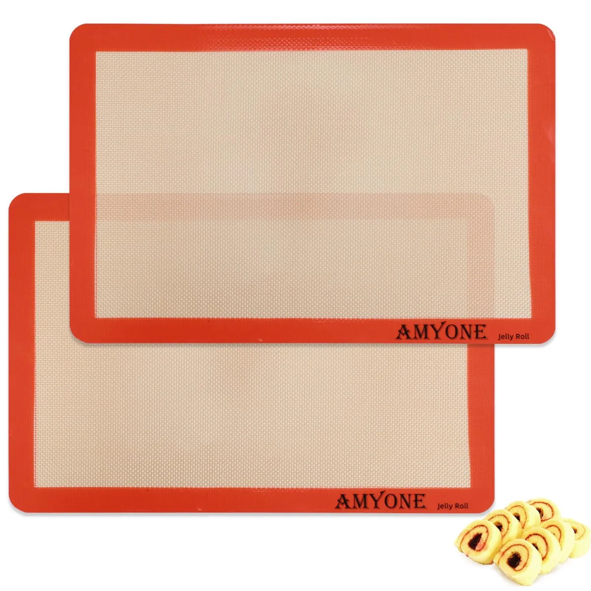 Two bright orange rectangular silicone baking mats, 10 by 15 inches