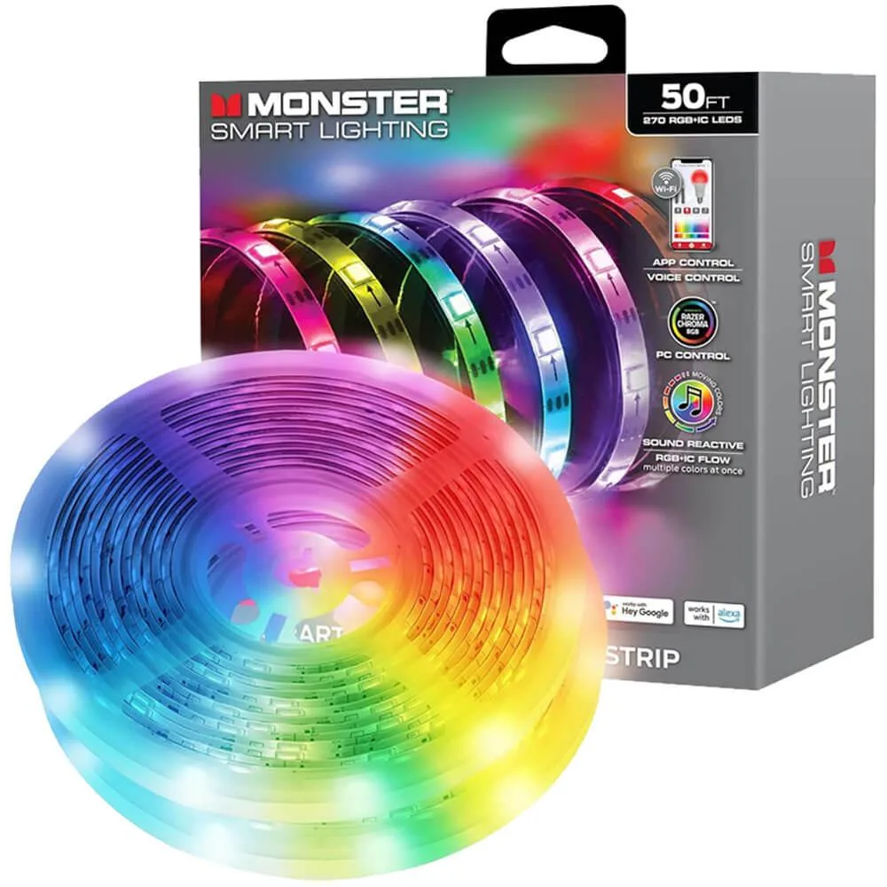 A 50-foot multicolour LED light strip coiled on a spool