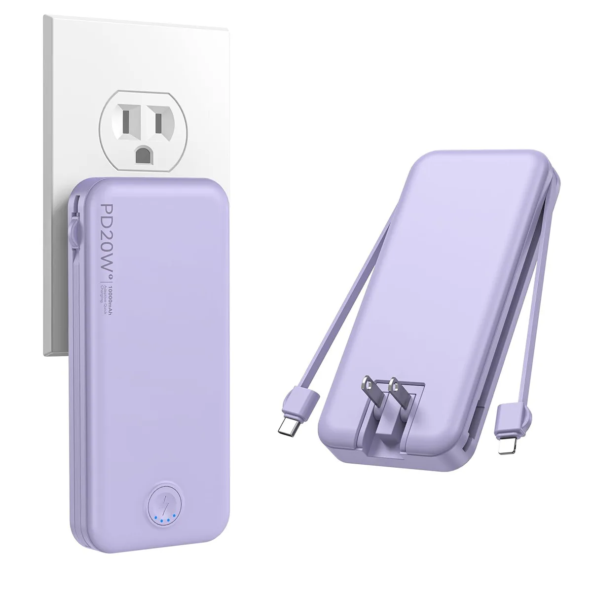  Nusyddy AC-02 10000mAh power bank with built-in cables &amp; wall plug Purple — product photo