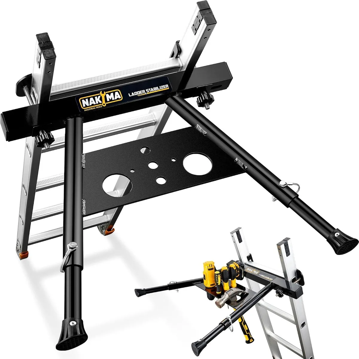 Silver aluminium ladder standoff with telescopic arms and rubber feet