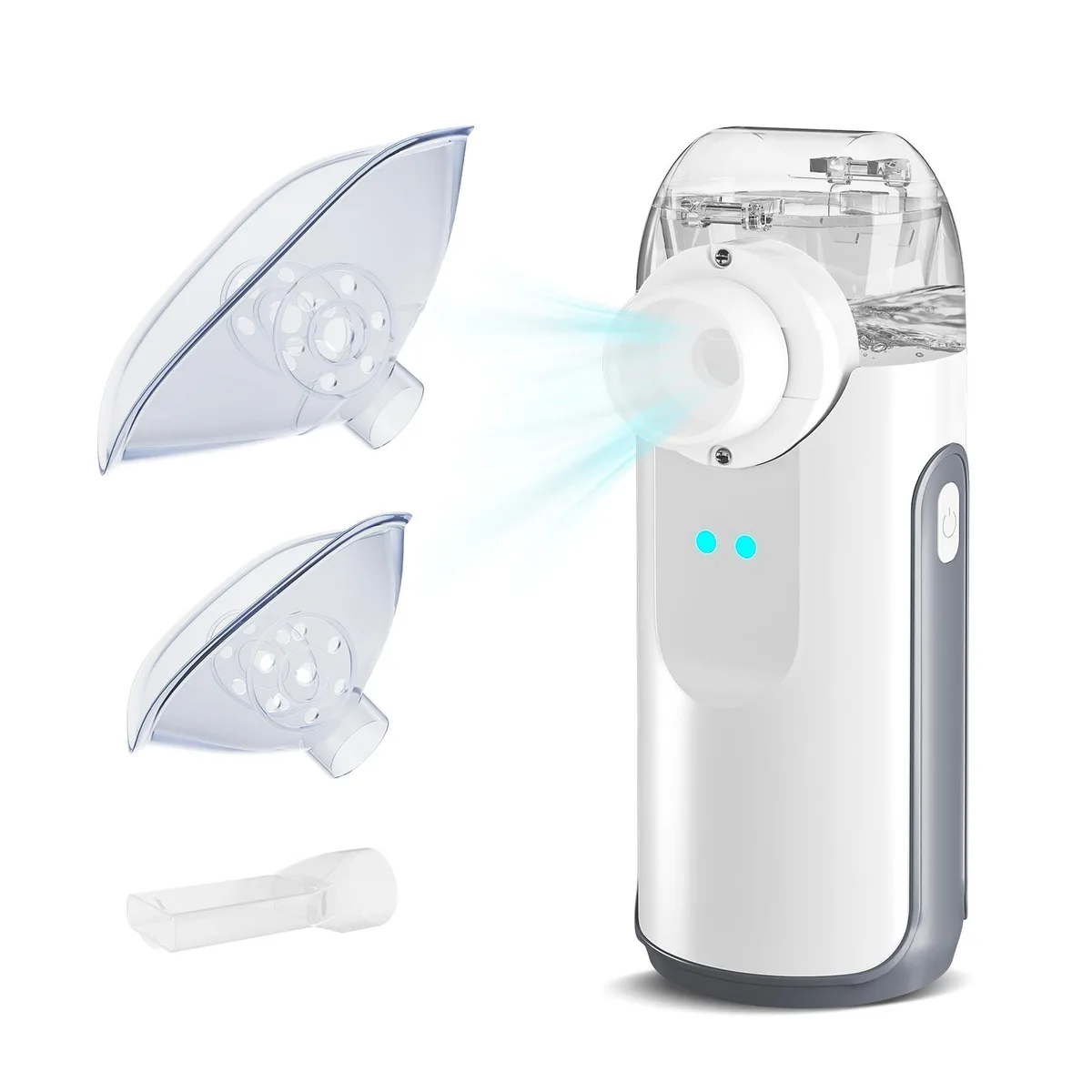 White handheld mesh nebulizer with adult and child masks, mouthpiece and charging cable
