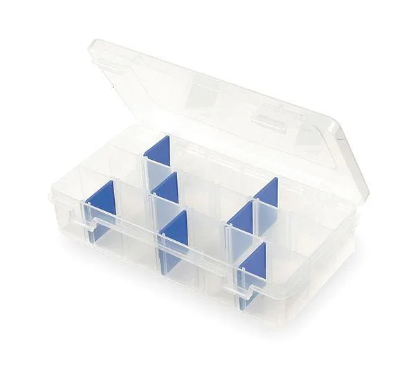 Clear plastic rectangular box with adjustable dividers