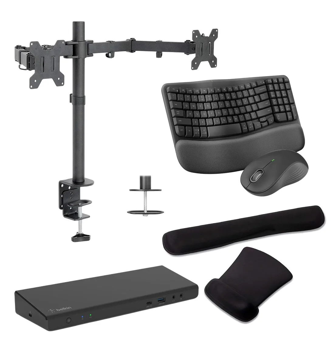 Belkin Belkin Universal USB-C 85W Dock Bundle with MK670 Keyboard, Mouse, Dual Monitor Stand &amp; Gel Pads — product photo