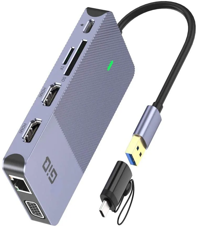 Compact aluminium USB-C hub with short tether cable, two HDMI, VGA, Ethernet, card slots and multiple USB ports